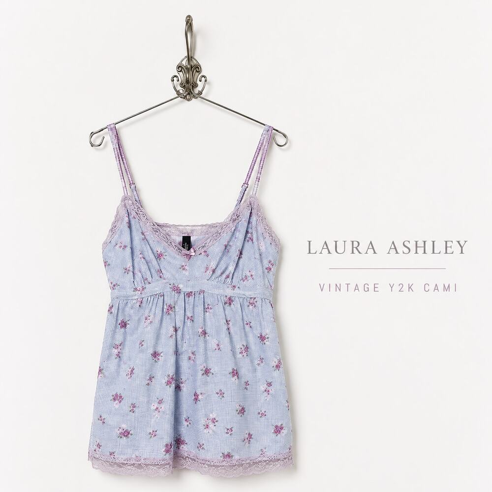 Vintage Laura Ashley Floral Gingham Lace Trim Cami Babydoll Top Medium